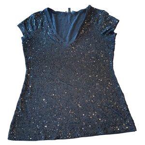 Express Women’s Black  Sequin V Neck Tee Shirt Top Short Sleeve Size XS